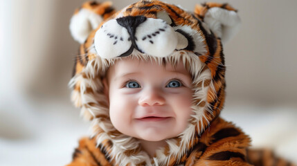 Fototapeta premium Adorable baby smiling in a cute tiger costume with playful expression