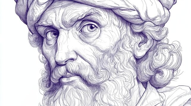 Hand drawn line art portrait illustration of an Italian polymath showcasing the creative brilliance and artistic style reminiscent of the Renaissance era