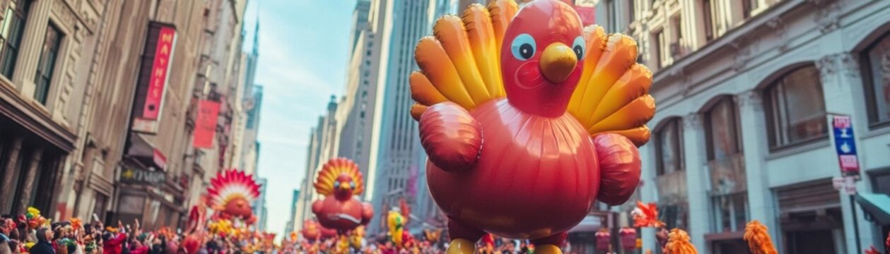 Thanksgiving parade with giant turkey balloon floats, marching down a colorful city street, Thanksgiving parade, celebration, festive joy