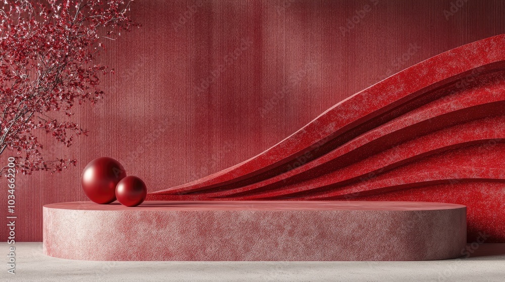 Poster 3d render of a podium mockup for showcasing products featuring a red abstract geometric design in th