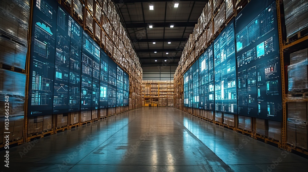 Poster modern warehouse with detailed supply chain map displayed on large screen showcasing logistics inven