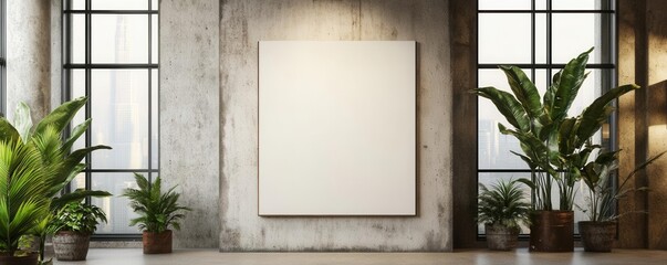 A creative office space with an industrial design, featuring concrete walls, an empty vertical canvas, and potted plants by large windows