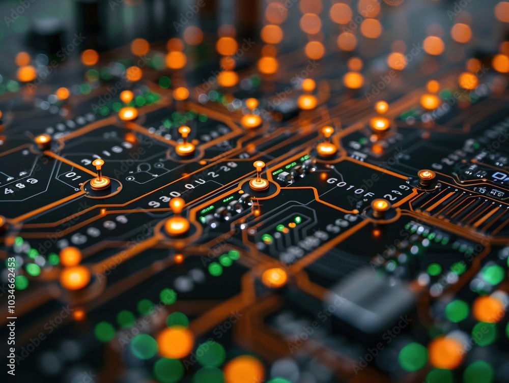 Poster close-up of a circuit board with glowing components, illustrating technology and electronics.