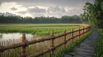 3D rendering of a bamboo fence surrounding a paddy field showcasing wicker work