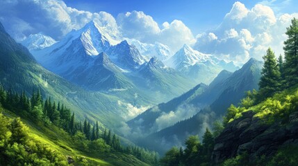 Fototapeta premium Majestic mountain range showcasing breathtaking peaks and lush landscapes