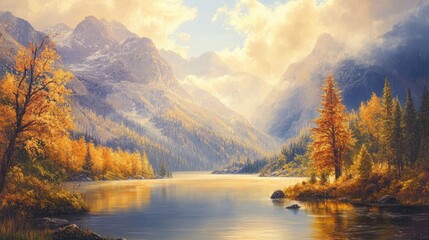 Oil painting depicting autumn sunlight over a scenic alpine landscape featuring tranquil lakes and picturesque mountains