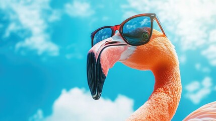 Pink flamingo wearing summer sunglasses. Summer background