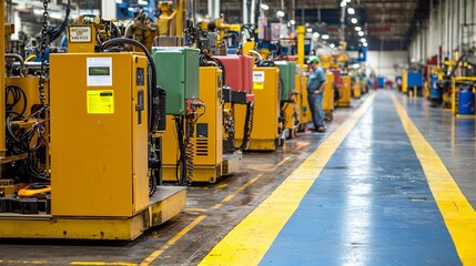 A vibrant manufacturing facility featuring rows of industrial machines with bright yellow casings along a blue and yellow marked floor.