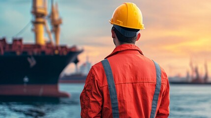 A worker in a hard hat observes a large ship at sunset, highlighting maritime safety and industrial activity.