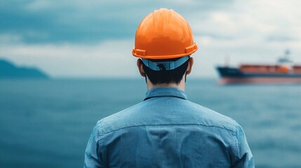 A person in an orange hard hat gazes out at a ship on the water, with a cloudy sky and mountains in the background, suggesting a maritime or labor-related theme.