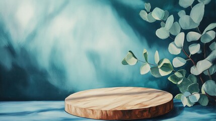 Oil painting of an empty wooden podium for presentations or advertising featuring a round product display with blue background green eucalyptus leaves and shadows ideal for showcasing natural prod