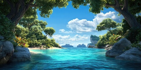 Fototapeta premium Stunning tropical beach featuring a sea view, crystal-clear water, and a vibrant blue sky Natural scenery backdrop, Tropical beach with sea view and clear water under a blue sky