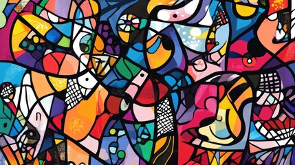 Obraz premium Line art illustration featuring an abstract painting with a chaotic arrangement of vibrant multicolored shapes and figures divided by black lines
