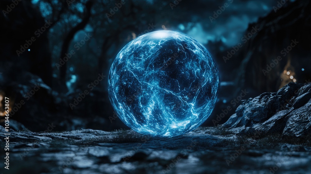 Poster fantasy 3d sphere backdrop illuminated with glowing light in a dark setting