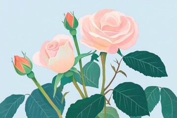 Fototapeta premium Illustration of a pink rose flower with three buds