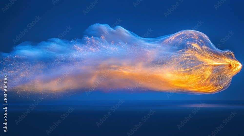 Poster abstract image of a glowing, fiery object moving through a dark blue background.
