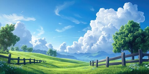 Fototapeta premium Rural landscape featuring a wooden fence, vibrant green grass, trees, clouds, and a bright blue sky on the horizon, Rural landscape with wooden fence green grass trees clouds and blue sky