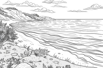Fototapeta premium Coloring book illustration of a serene beach scene with white sandy shores and calm blue waters featuring idyllic coastal elements and beach related motifs