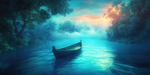 Fototapeta premium Scenic river traversed by a traditional boat, Serene river journey in a traditional boat