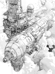 Future city coloring page in cartoon style. Futuristic street illustration in hand drawing sketch coloring book.