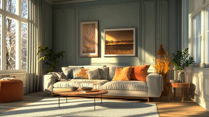 Fototapeta premium Scandinavian style living room featuring a sofa and decorative elements in a 3D rendering