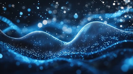 Naklejka premium Abstract wave composed of dots and woven lines Network connectivity framework Stream of big data technology represented through an animated blue background of dynamic particles