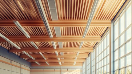 Obraz premium 3D rendering of rafters and ceiling slats in a manufacturing storage garage or warehouse