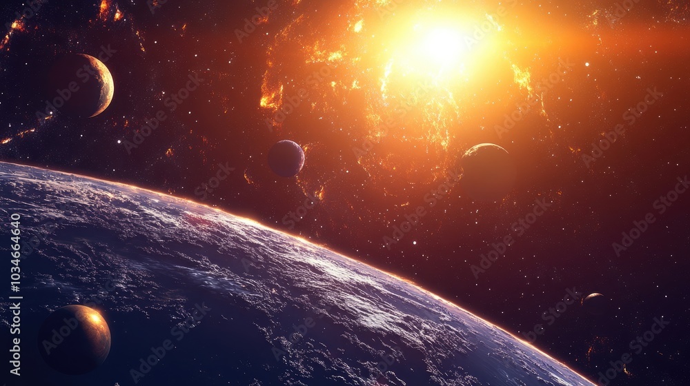 Poster panoramic background of space planets in 3d cartoon rendering showcasing a distant solar system with