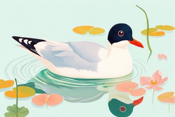 Obraz premium Illustration of a black headed gull in winter plumage swimming in a pond