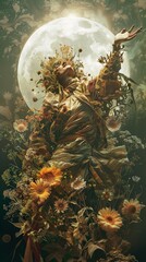 Surreal Floral Fantasy: Woman Embracing Nature Under the Moon