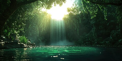Obraz premium Sunlit Erawan Waterfall surrounded by lush forest with emerald green water, Sunlit waterfall surrounded by lush forest with emerald green water