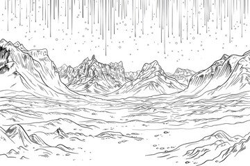 Coloring book illustration of snowy landscapes beneath the dazzling northern lights featuring mountainous terrain and the ethereal beauty of the aurora borealis