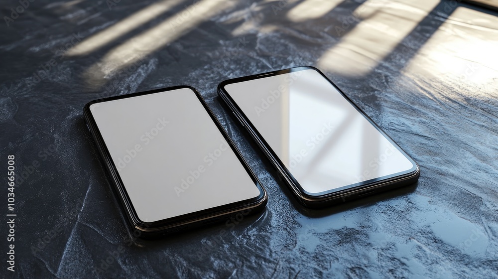 Poster realistic 3d rendering of two blank smartphone mockups