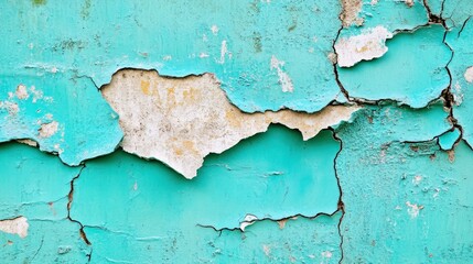 Obraz premium A close-up of a weathered turquoise wall with peeling paint and cracks.