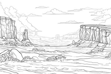 Fototapeta premium Coloring book illustration of clear skies over a winter landscape with unique rock formations