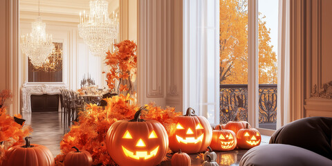 Obraz premium Parisian Apartment with Elegant Halloween Decor: Muted earth tones, golden pumpkin centerpiece, and candlelight lens flare.