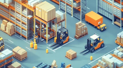 A vibrant warehouse scene with forklifts moving boxes within organized shelving units, showcasing an efficient logistics environment.