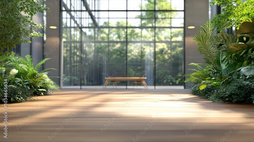 Poster 3d rendering of a minimalist open space office background featuring a blurred modern contemporary of