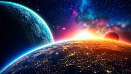 Obraz premium Weltraum Planeten Sonnenlicht Effekt Nacht Dunkel Weltall aufnahmen Breitbild