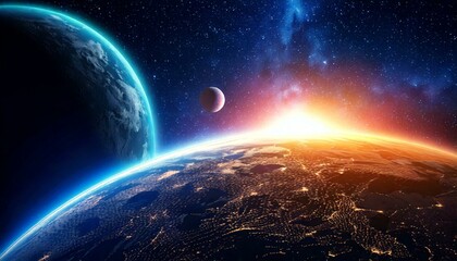 Obraz premium Weltraum Planeten Sonnenlicht Effekt Nacht Dunkel Weltall aufnahmen Breitbild