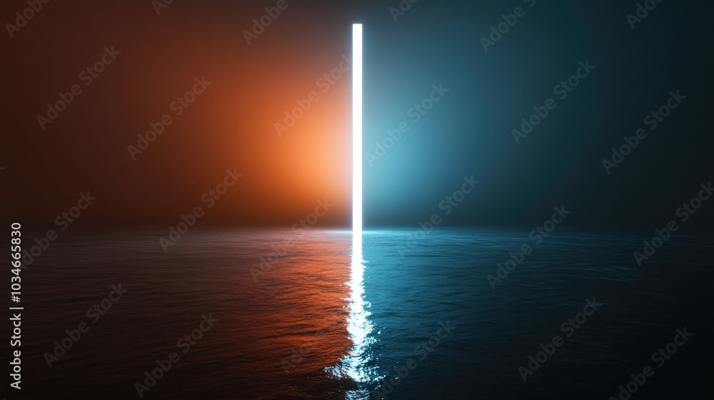 Poster Fantasy 3D rendering of a white light stripe representing a magic wand against a dark backdrop illuminated by reflections in blue and orange