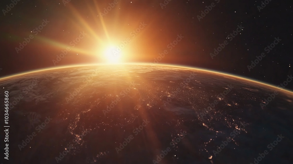 Poster dark sky background with a 3d cartoon rendering of a sunrise in space greeting the world with rays a