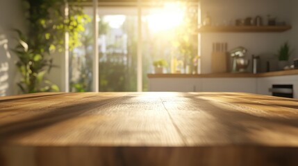 3D rendering of a blurred modern kitchen interior featuring a wooden table and a sunny atmosphere