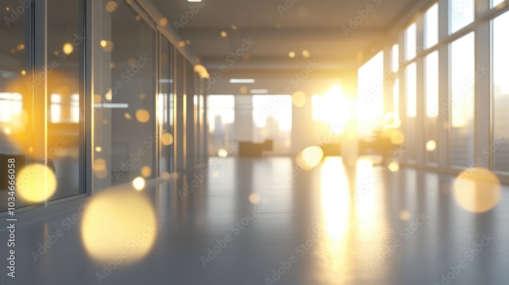 Poster 3d rendering of a blurred empty office space with abstract light bokeh in the interior