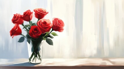 Romantic still life featuring red roses set against a white wooden background perfect for a Valentine s Day theme Soft focus enhances the mood