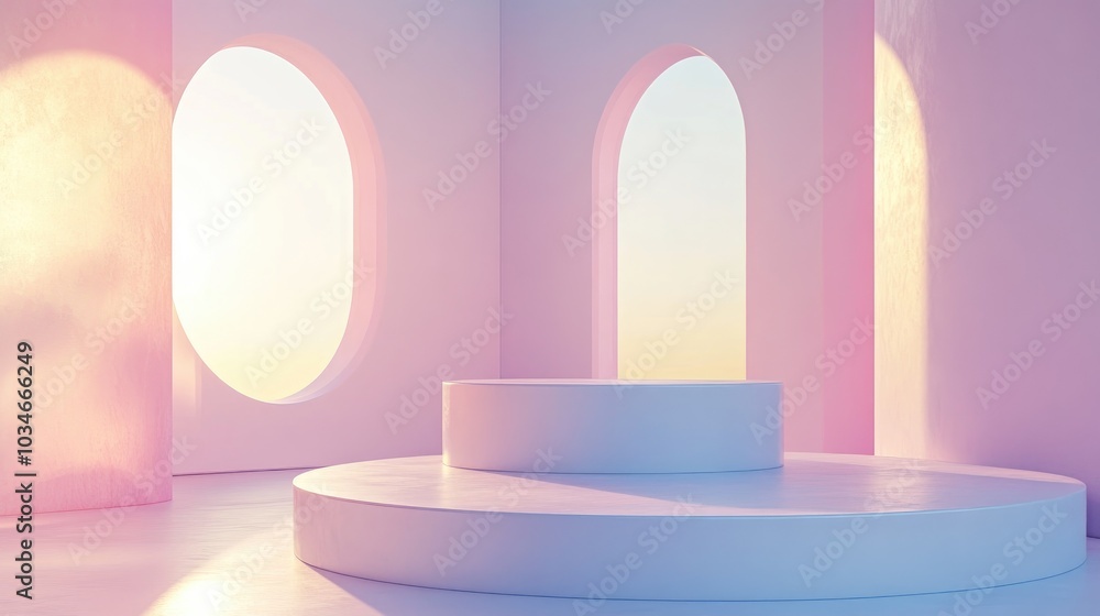 Poster cylinder podiums against a pastel backdrop abstract minimalistic setting with geometric shapes ideal