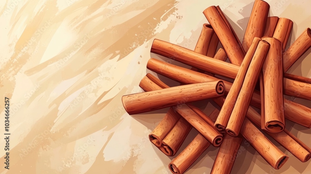 Poster cinnamon sticks arranged in a pile on a textured background viewed from above