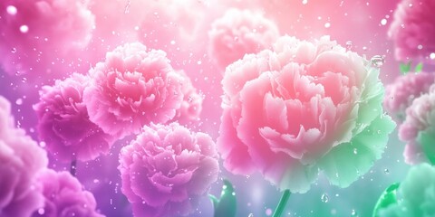Fototapeta premium Floral arrangement featuring white and pink carnations with droplets of water, set against a natural backdrop