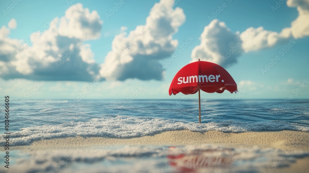 Poster abstract background featuring sand and sea with clouds overhead a red and white umbrella on the beac