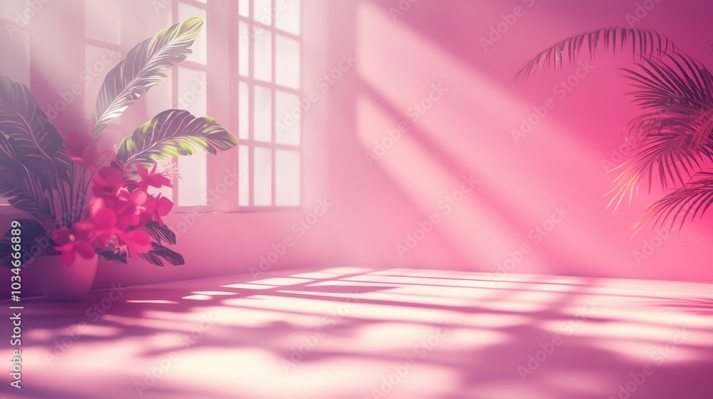 Poster 3d rendering of an abstract gradient pink studio background for product presentation with shadows of